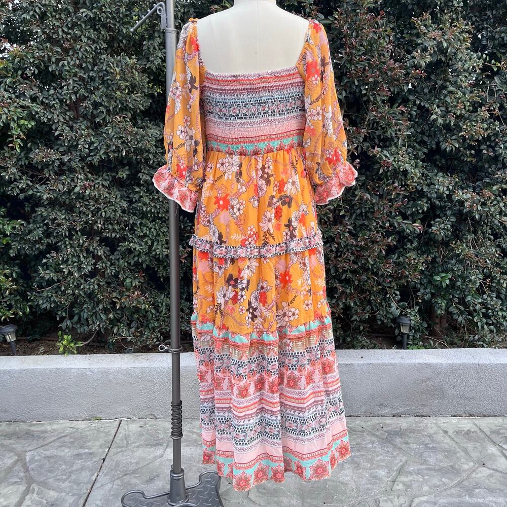 Davi & Dani Boho Printed Ruffle Maxi Dress Smocked Bodice Hippie Large Fairy - Picture 3 of 9
